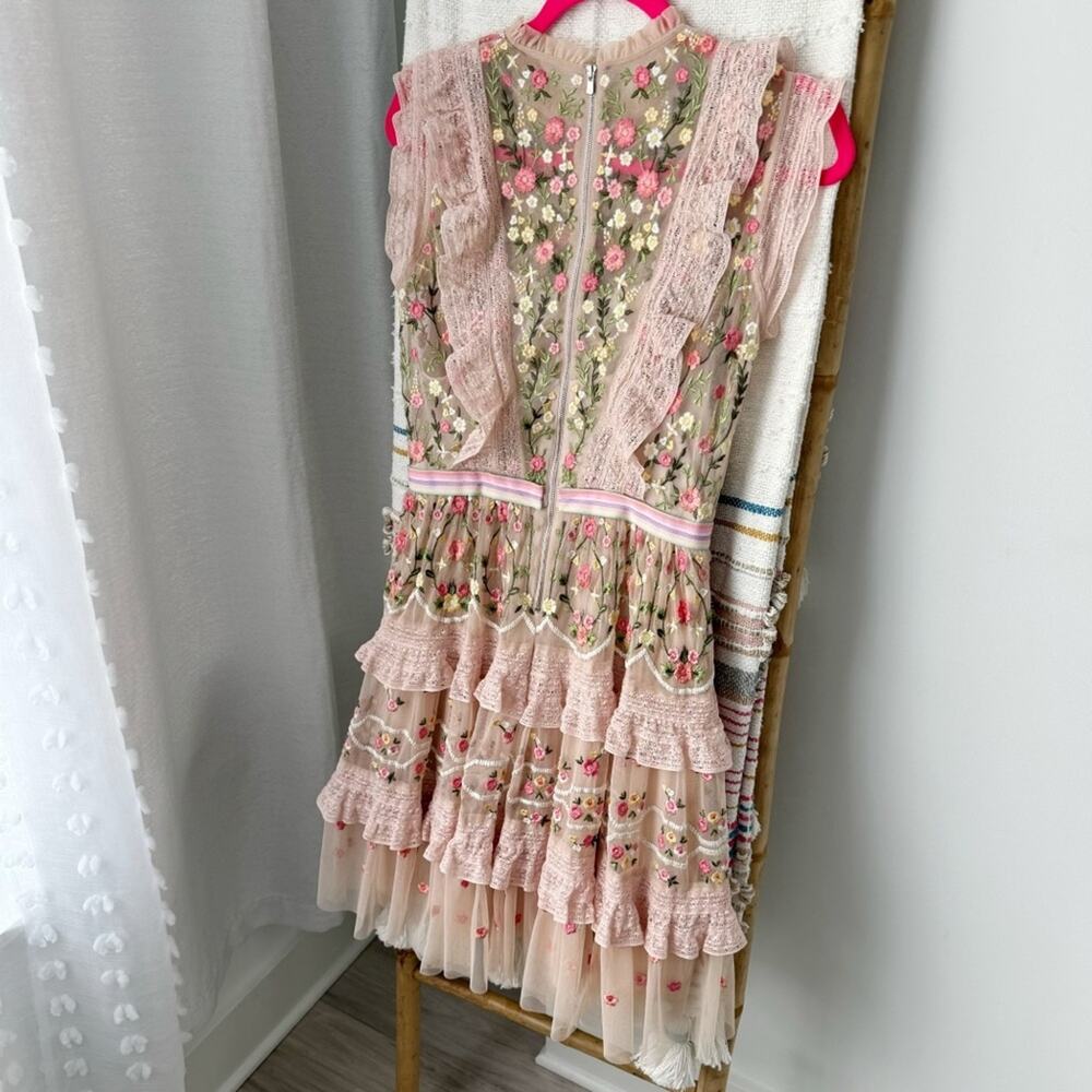 Needle & Thread Lattice Rose Embroidered Frill Sleeveless Mini Dress Women’s 2 - Picture 5 of 15
